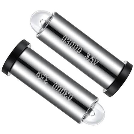 Two silver replacement bulbs marked 03000 3.5V, one with a black base ring