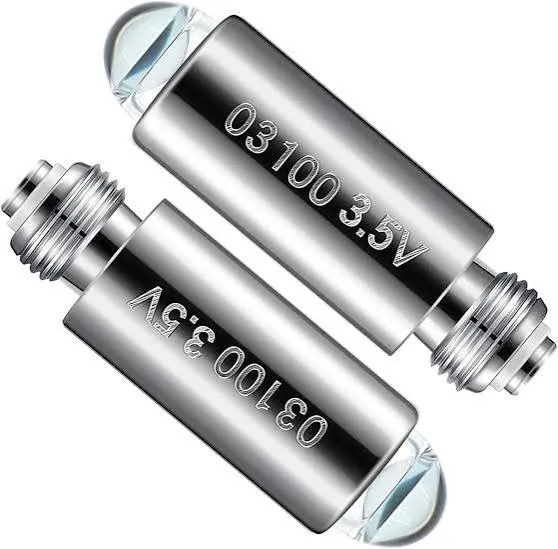 Two silver replacement bulbs marked 03100 3.5V, lying side by side