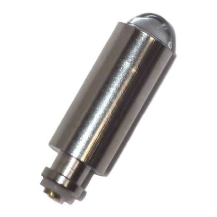 Silver cylindrical replacement bulb with a clear lens dome, angled view