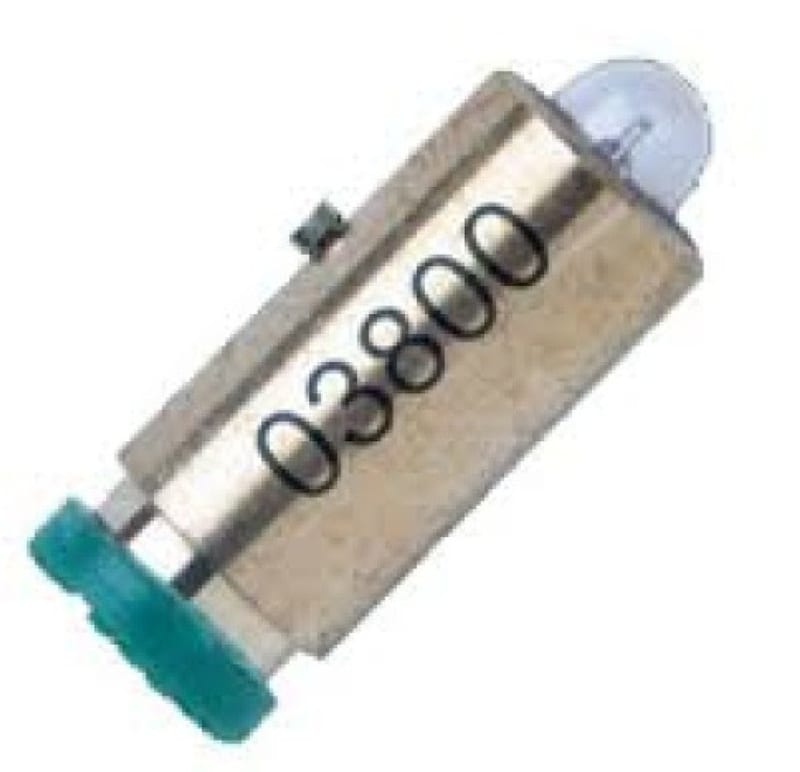 Replacement bulb with a clear glass dome, silver metal body marked 03800 and a green base ring