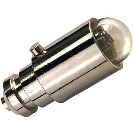 Silver replacement bulb with a clear glass dome and a small side pin, angled view